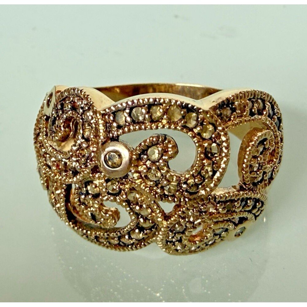 Vintage 925 Sterling‎ Silver Marcasite Filigree Wide Band Ring Scroll Swirl 9.50